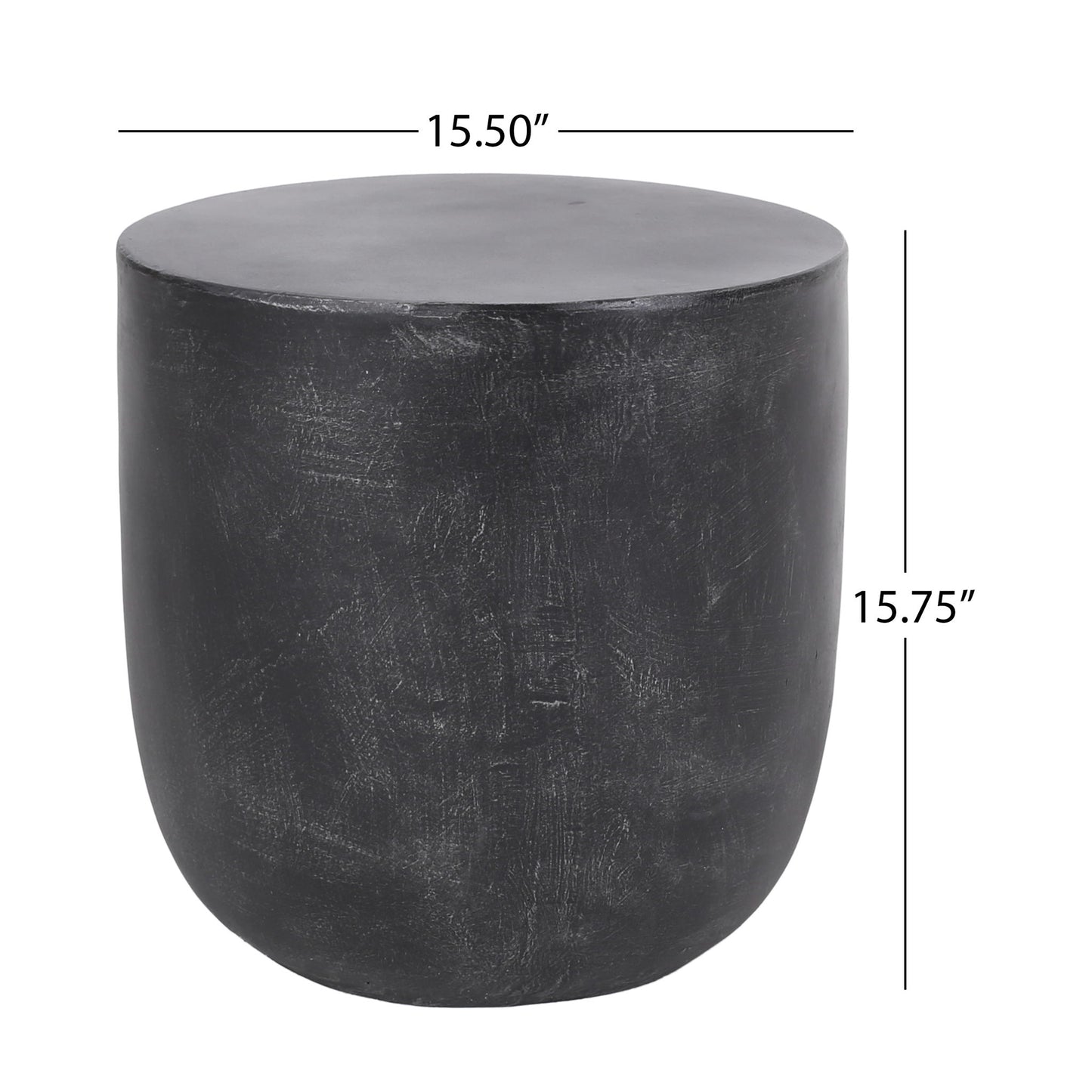 The Outdoor Lightweight Concrete End Table features a smooth, slightly textured natural finish in matte black. Cylindrical with a rounded base, it measures 15.5" wide by 15.75" tall—perfect as a modern accent for any space.