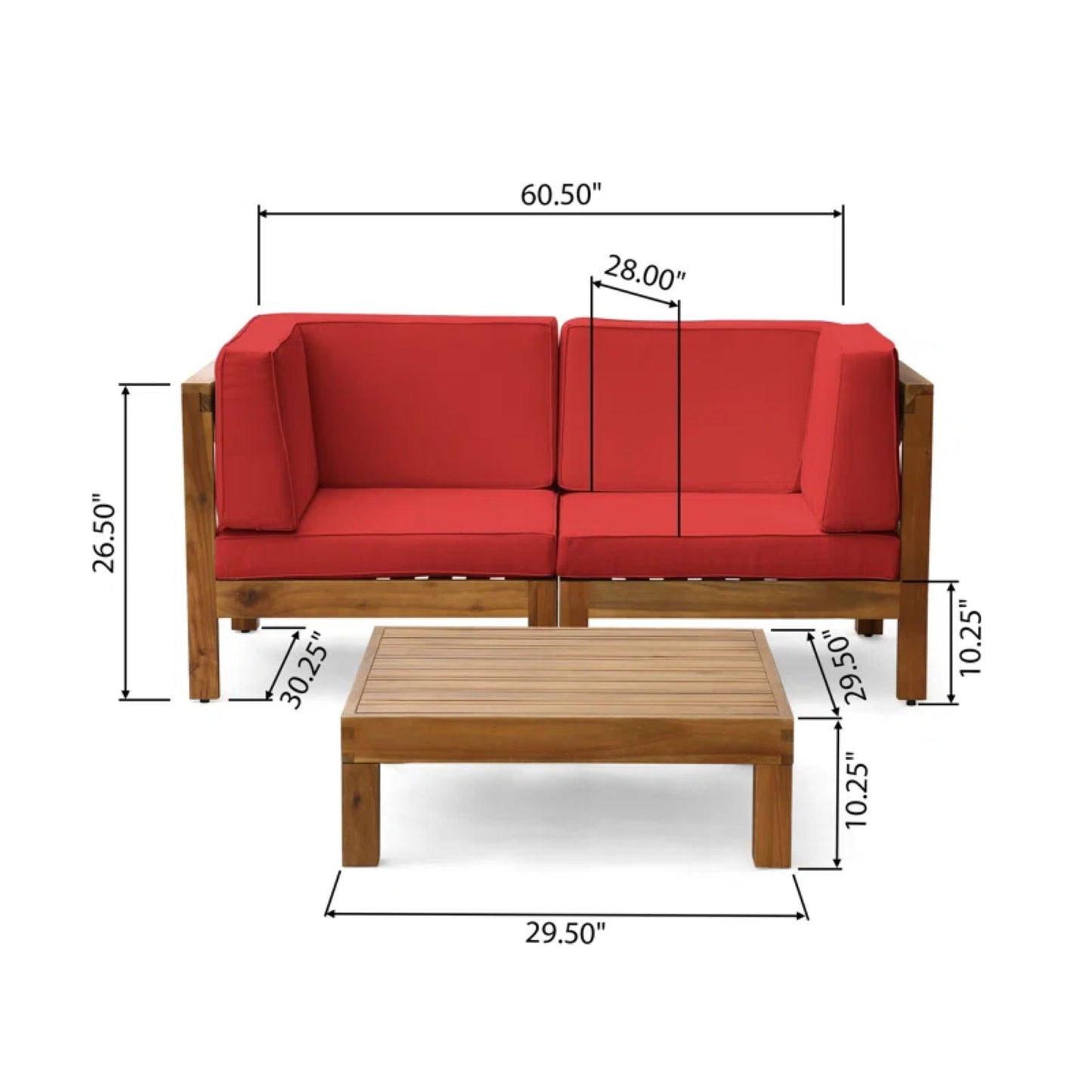 The Oana 3 Piece Love Seat Set With Coffee Table features a wooden sectional sofa and coffee table with red cushions, both shown with labeled dimensions for width, height, and depth in inches.