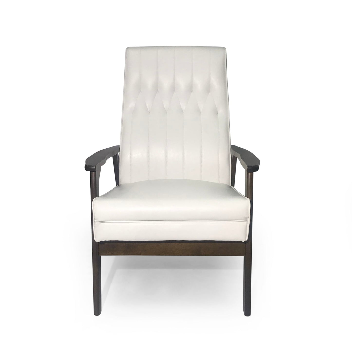 The Mid Century Modern Upholstered Accent Chair features a white upholstered seat and backrest with vertical tufted detailing, complemented by dark wooden arms and legs, set against a plain white background.