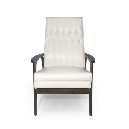 The Mid Century Modern Upholstered Accent Chair features a white upholstered seat and backrest with vertical tufted detailing, complemented by dark wooden arms and legs, set against a plain white background.