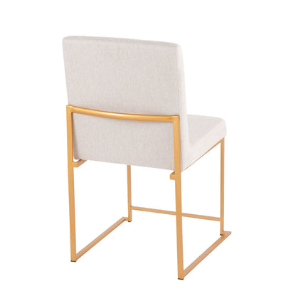 The Fuji High Back Dining Chair (Set of 2) features a contemporary, sleek gold metal frame with light beige cushioned seat and backrest. Shown from the back at a slight angle.