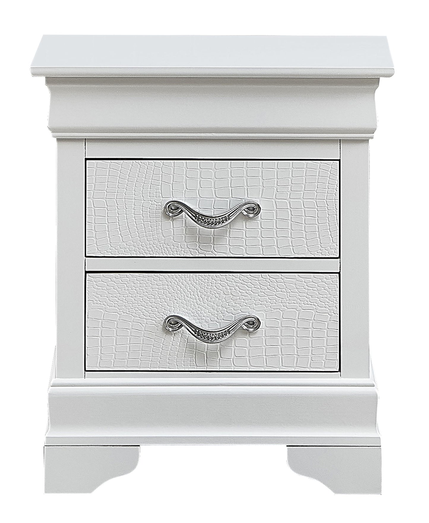 The Lorana Nightstand is a white wooden piece with two drawers, each showcasing a textured crocodile pattern and ornate silver handles, supported by short legs.