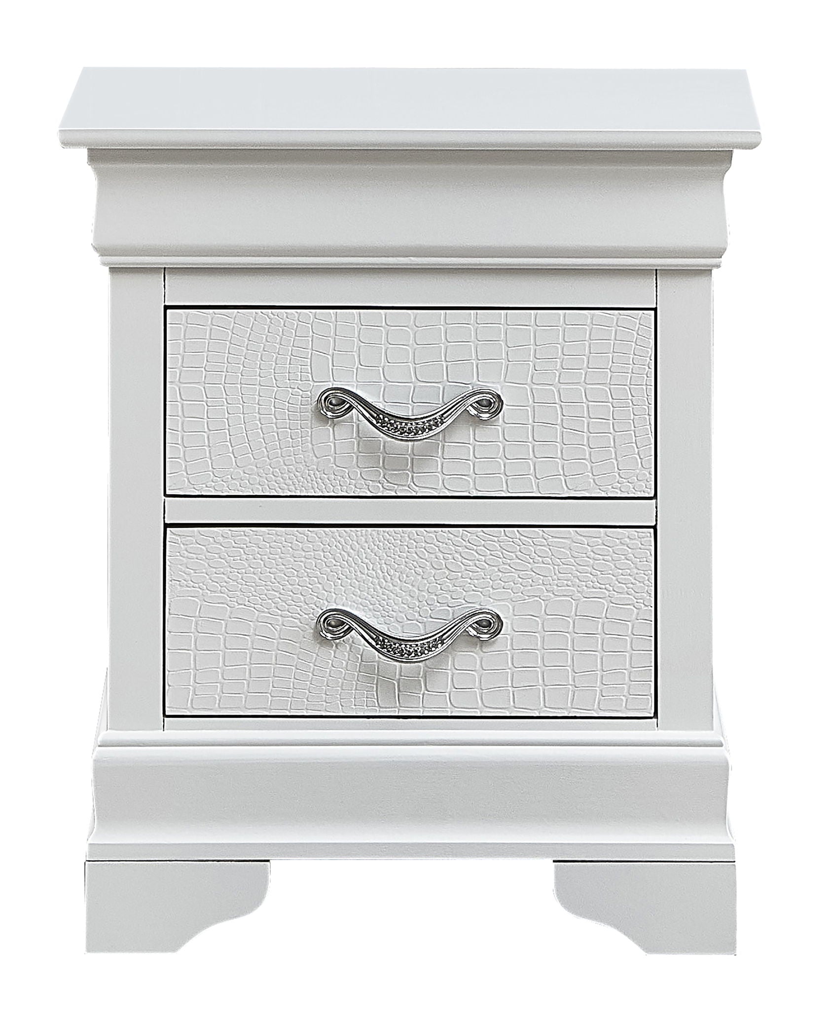 The Lorana Nightstand is a white wooden piece with two drawers, each showcasing a textured crocodile pattern and ornate silver handles, supported by short legs.