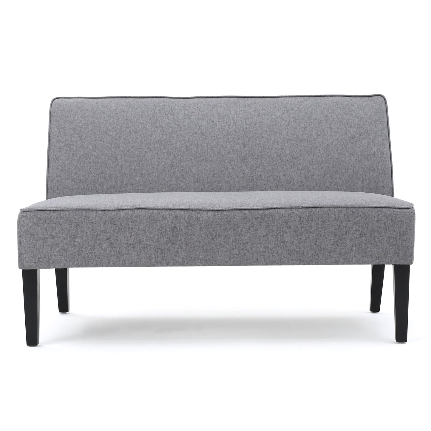 The Contemporary Loveseat With Upholstered Fabric and Birch Wood Legs features a modern armless design in light gray, supported by four black birch legs, and is shown against a white background.