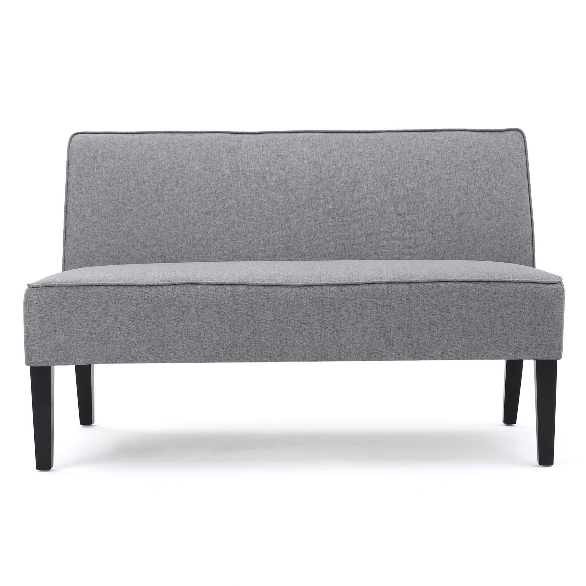The Contemporary Loveseat With Upholstered Fabric and Birch Wood Legs features a modern armless design in light gray, supported by four black birch legs, and is shown against a white background.