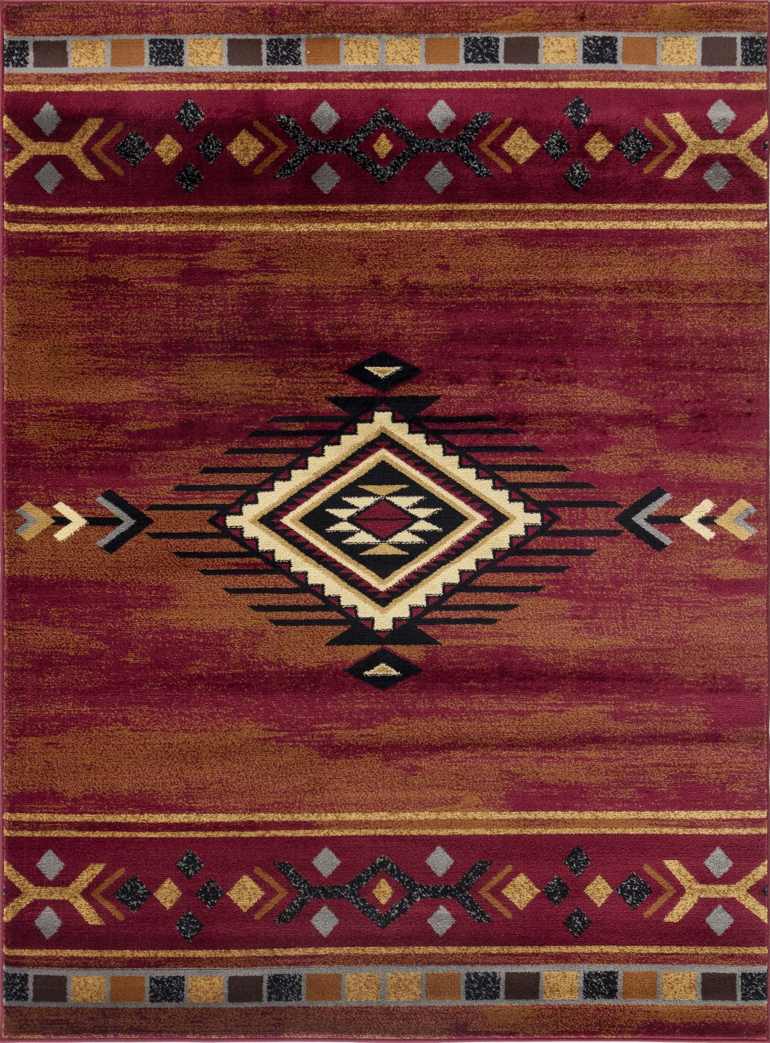 The Tribes - GC_YLS4002 Southwest Area Rug features a rectangular design with a central diamond motif in black, cream, and yellow on a maroon background, accented by geometric borders with stylized arrows in earthy tones.