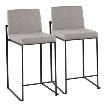 The Fuji High Back Counter Stool features a contemporary design with light gray upholstered seats and backs, supported by black metal frames with straight legs and footrests for modern elegance.