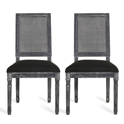 Pair of French Country Dining Chairs with rectangular cane backrests and smooth upholstered seats, featuring carved details on the legs and corners in a dark wood finish.