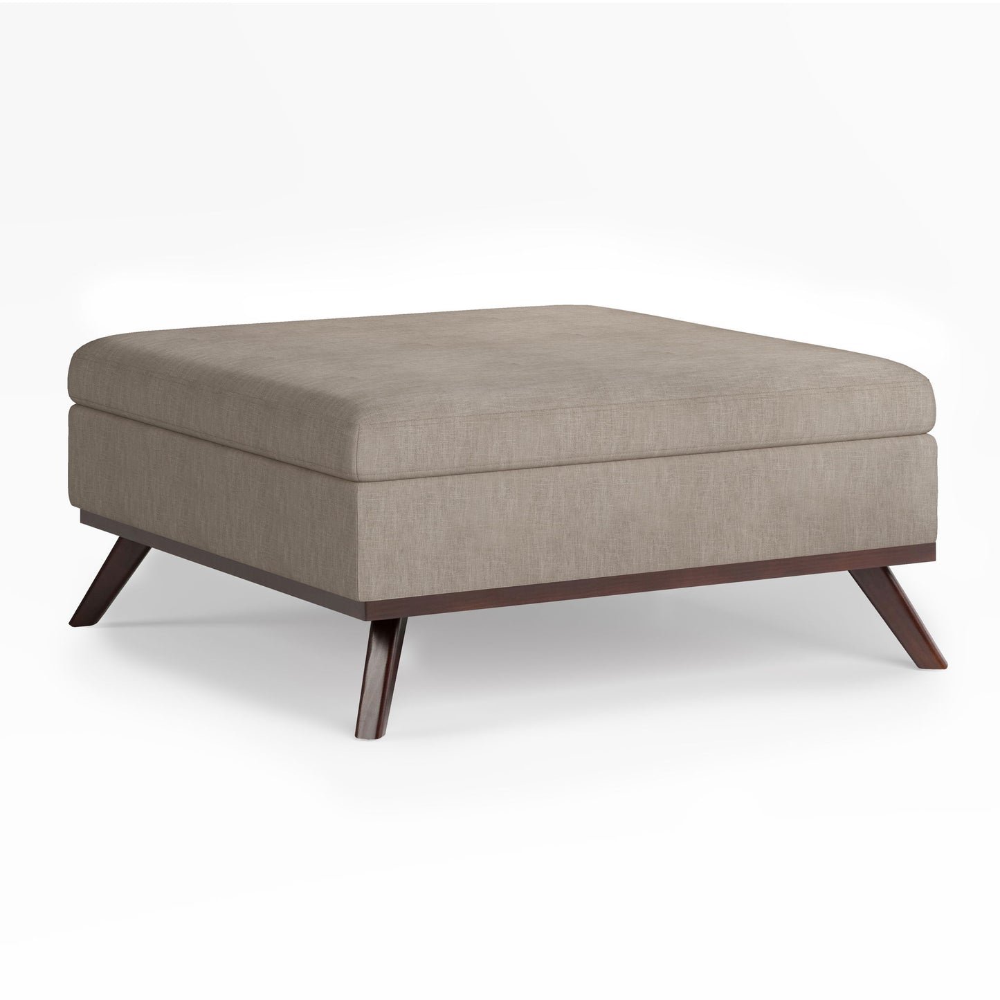 The Owen Multifunctional Square Coffee Table Storage Ottoman features light beige upholstery and dark angled wooden legs, showcased against a plain white background.