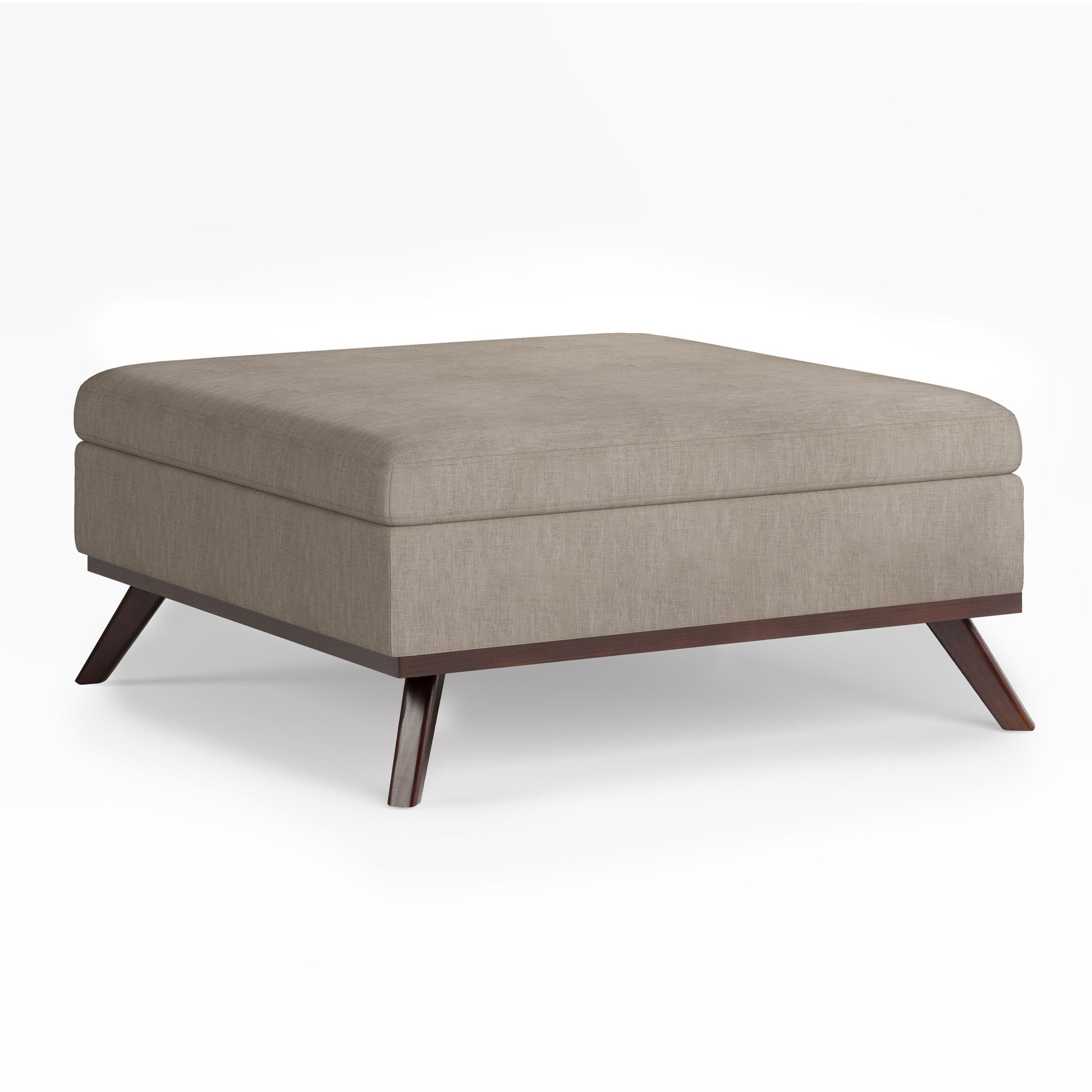 The Owen Multifunctional Square Coffee Table Storage Ottoman features light beige upholstery and dark angled wooden legs, showcased against a plain white background.