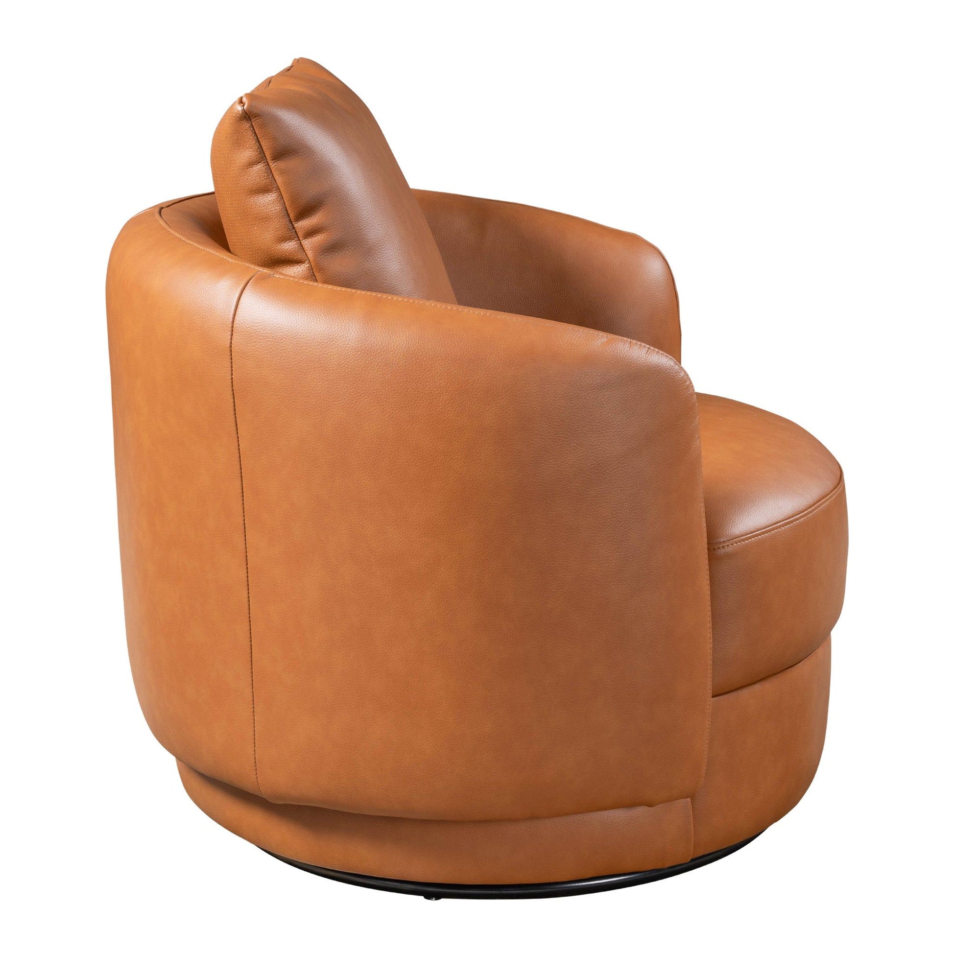 The Dylan - Boucle Lounge Chair is a modern, round swivel chair featuring a cushioned seat and backrest in caramel-colored leather, shown from an angle highlighting its side and back.