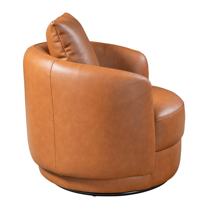 The Dylan - Boucle Lounge Chair is a modern, round swivel chair featuring a cushioned seat and backrest in caramel-colored leather, shown from an angle highlighting its side and back.