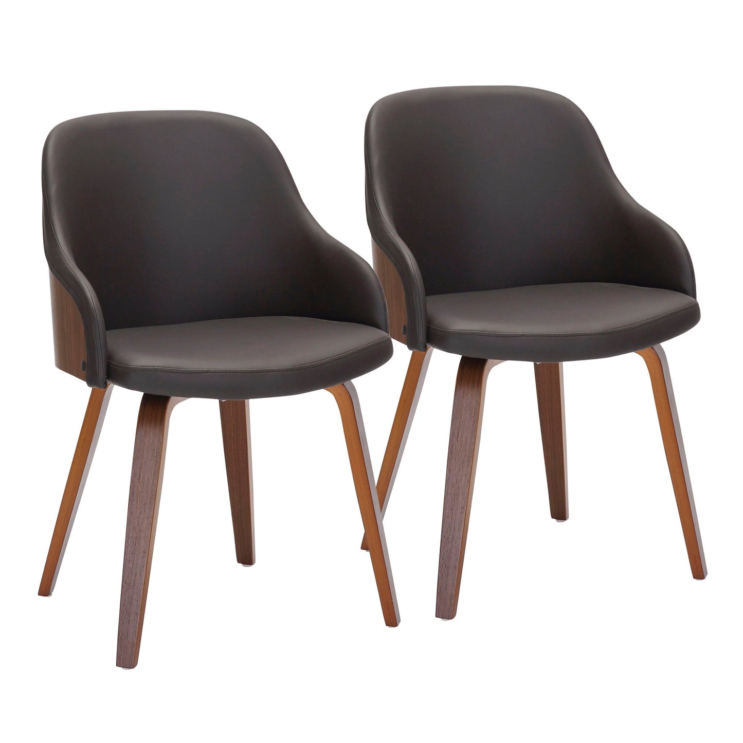 Two Bacci Mid Century Modern Dining Chairs featuring dark brown curved backs and wooden legs, placed side by side against a white background.