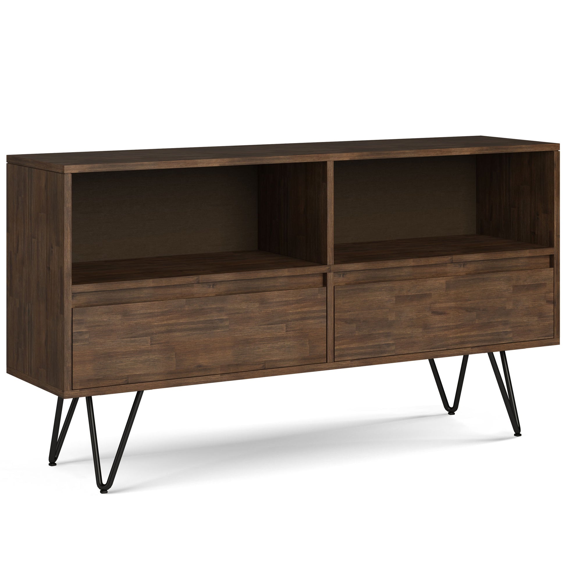 The Chase Low Bookcase features a rustic natural aged brown finish, two open upper shelves, and two closed drawers below. It stands on sleek black metal hairpin legs for a modern touch.