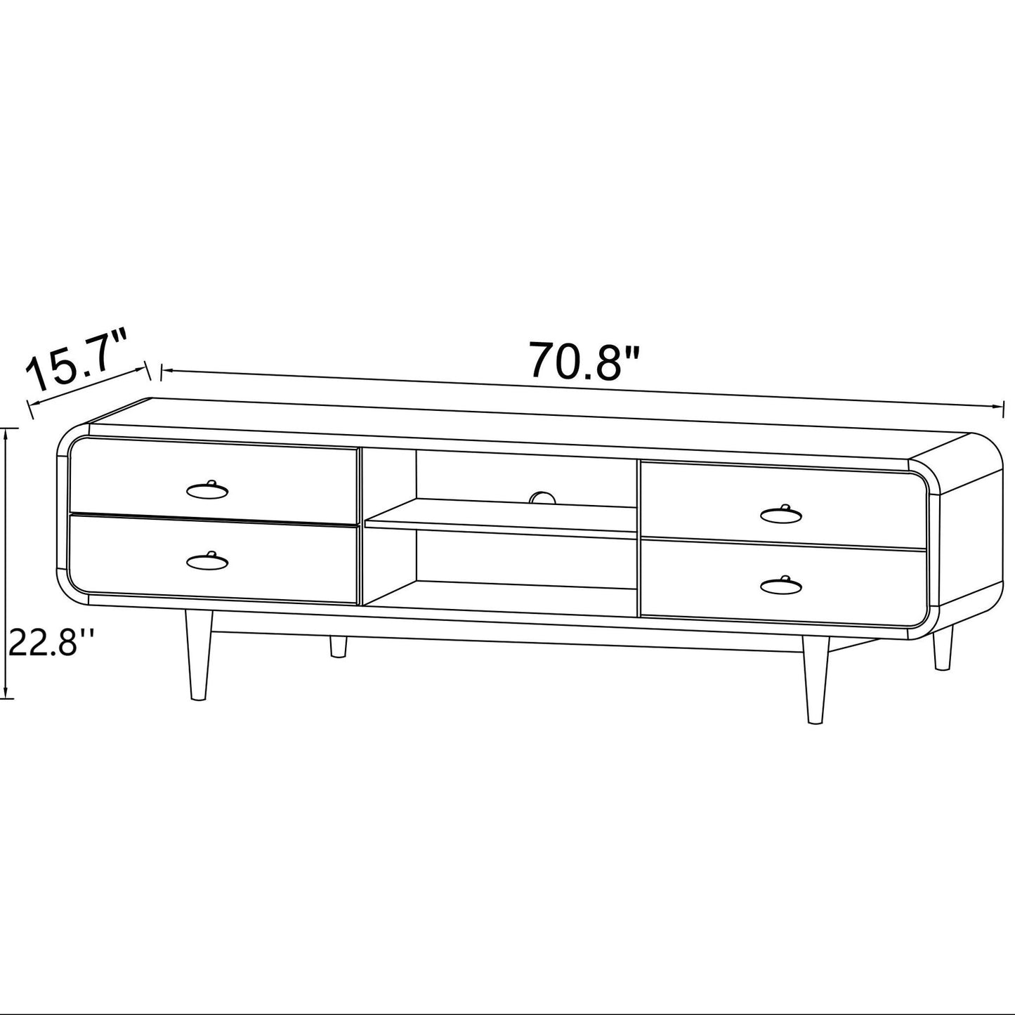 Line drawing of the Alexa Mid-Century Modern TV Stand in dark brown wood, featuring four drawers, two open shelves, and tapered legs. Dimensions: 70.8"W x 15.7"D x 22.8"H.