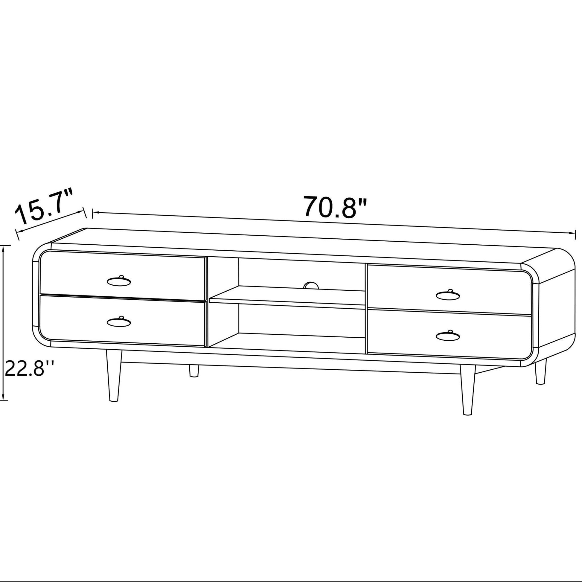 Line drawing of the Alexa Mid-Century Modern TV Stand in dark brown wood, featuring four drawers, two open shelves, and tapered legs. Dimensions: 70.8"W x 15.7"D x 22.8"H.