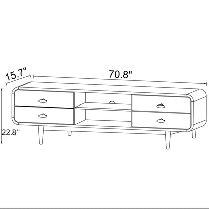 Line drawing of the Alexa Mid-Century Modern TV Stand in dark brown wood, featuring four drawers, two open shelves, and tapered legs. Dimensions: 70.8"W x 15.7"D x 22.8"H.