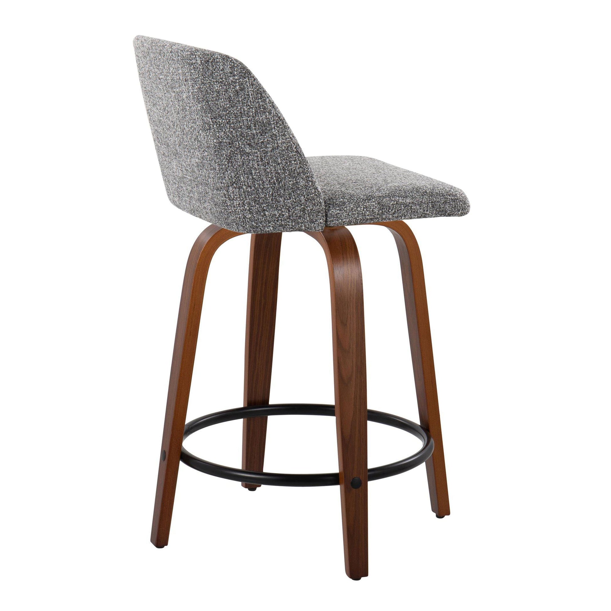 The Toriano counter stool set features a modern design with a curved wooden base, round black footrest, and gray upholstered seat with a high backrest for comfort, blending contemporary and classic mid-century styles.