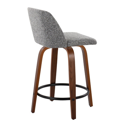 The Toriano counter stool set features a modern design with a curved wooden base, round black footrest, and gray upholstered seat with a high backrest for comfort, blending contemporary and classic mid-century styles.