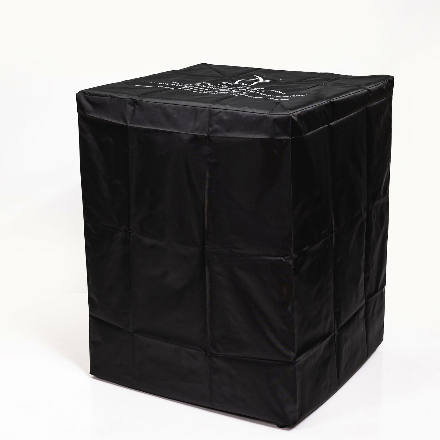 A large black fabric cover with stitched seams and printed text, slightly shiny, fits over the Propane Gas Square Fire Pit with a tile tabletop and wicker base, shown against a plain white background.