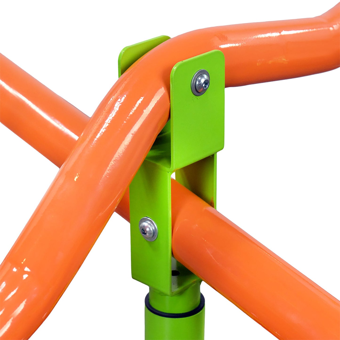Close-up of orange metal bars and a green metal bracket with bolts from the Xss004 Outdoor Playground Four Seats Seesaw for Kids, a sturdy 360° rotating seesaw for ages 3+, featuring plastic seats in green and blue.