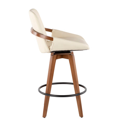 The Cosmo - Mid Century Counter Stool features a cream cushioned seat and backrest, wooden legs, a curved wooden back support, and a black circular metal footrest, shown here from the side.