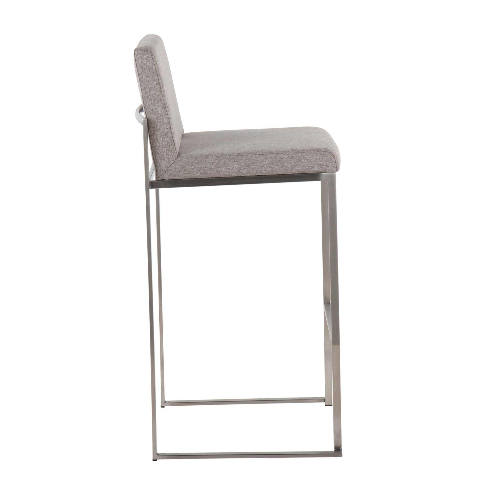Side view of the Fuji - Contemporary And Modern Elegance High Back Barstool, featuring a cushioned seat and backrest in light gray fabric, with a sleek metal frame, straight legs, and a footrest.