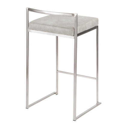 The Fuji - Elegant Design Contemporary Stackable Counter Stool features a sleek metal frame, light gray cushioned seat, minimalist design, simple backrest, and open sides for a modern look.