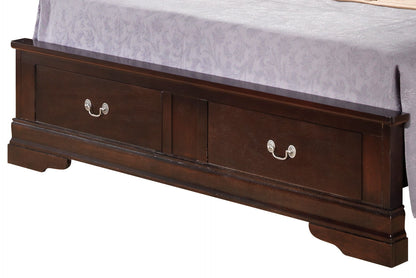 The Louis Phillipe Storage Bed features a dark wood frame with two metal-handled drawers at the foot, partially covered by a light purple patterned bedspread.