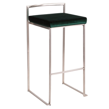 The Fuji barstool features a contemporary, elegant design with a sleek metal frame, rectangular green velvet cushion seat, minimalist backrest and footrest, and is stackable for convenience.