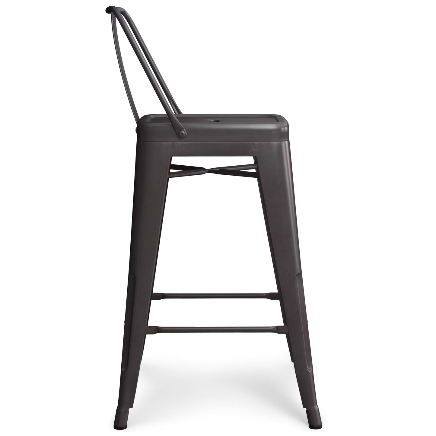 A side view of the Rayne Multifunctional Metal Stool, a tall, industrial-style stool featuring a backrest and footrests, finished in matte black or dark gray.