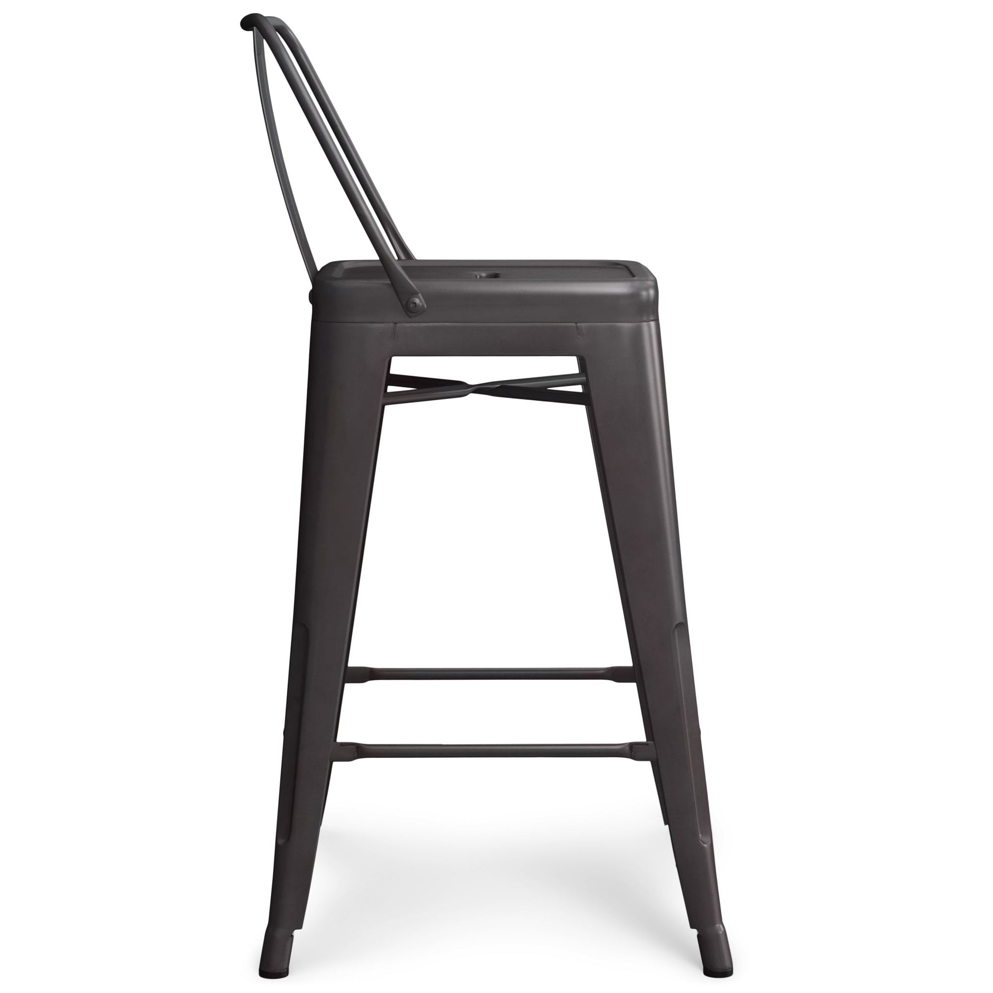 A side view of the Rayne Multifunctional Metal Stool, a tall, industrial-style stool featuring a backrest and footrests, finished in matte black or dark gray.