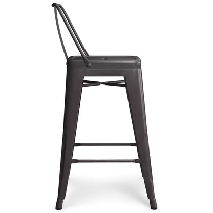 A side view of the Rayne Multifunctional Metal Stool, a tall, industrial-style stool featuring a backrest and footrests, finished in matte black or dark gray.