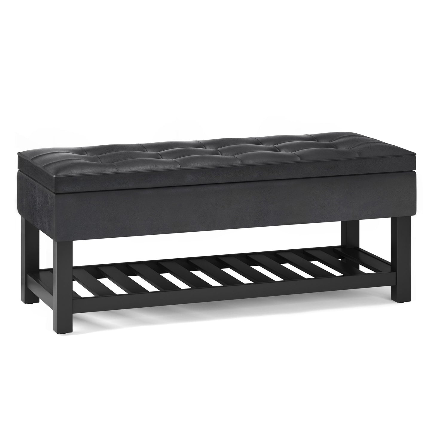Cosmopolitan Storage Ottoman Bench features a rectangular black tufted cushion, sturdy wooden legs, and an open slatted shelf below—ideal for entryways or at the foot of a bed.