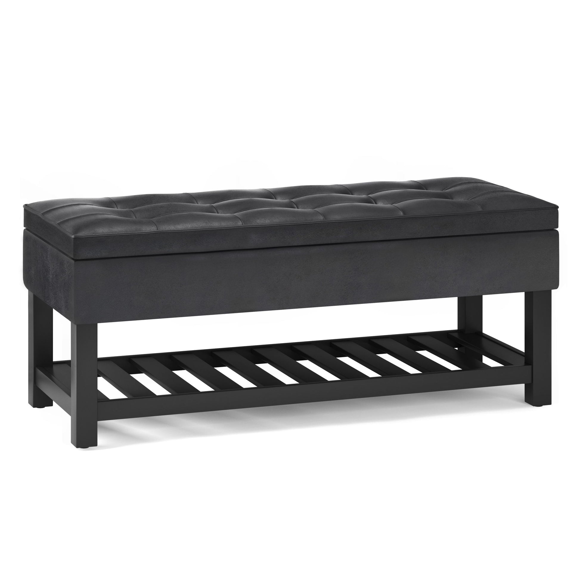 Cosmopolitan Storage Ottoman Bench features a rectangular black tufted cushion, sturdy wooden legs, and an open slatted shelf below—ideal for entryways or at the foot of a bed.