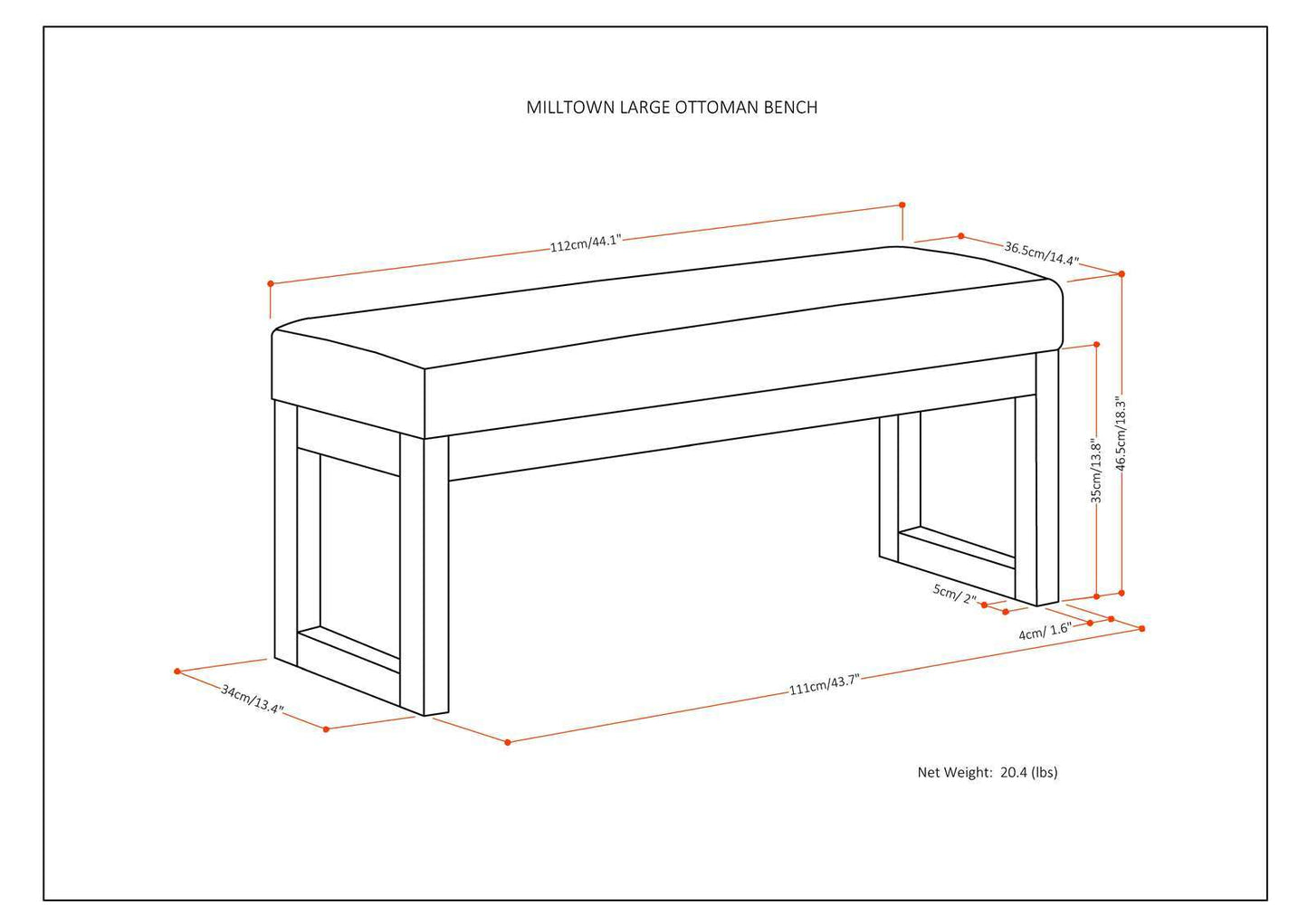 Line drawing of a large ottoman bench labeled "Milltown - Upholstered Ottoman Bench," showing dimensions: 44.1" W x 16.5" D x 18.5" H and net weight of 20.4 lbs.