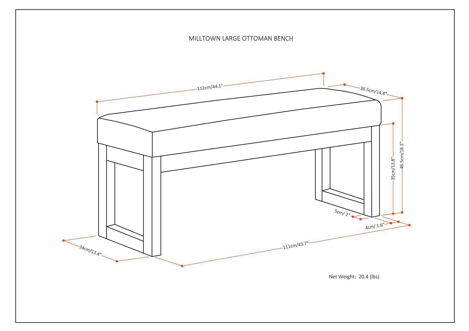 Line drawing of a large ottoman bench labeled "Milltown - Upholstered Ottoman Bench," showing dimensions: 44.1" W x 16.5" D x 18.5" H and net weight of 20.4 lbs.