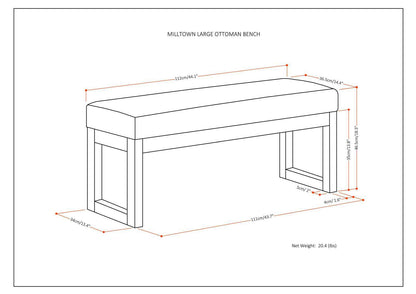 Line drawing of a large ottoman bench labeled "Milltown - Upholstered Ottoman Bench," showing dimensions: 44.1" W x 16.5" D x 18.5" H and net weight of 20.4 lbs.