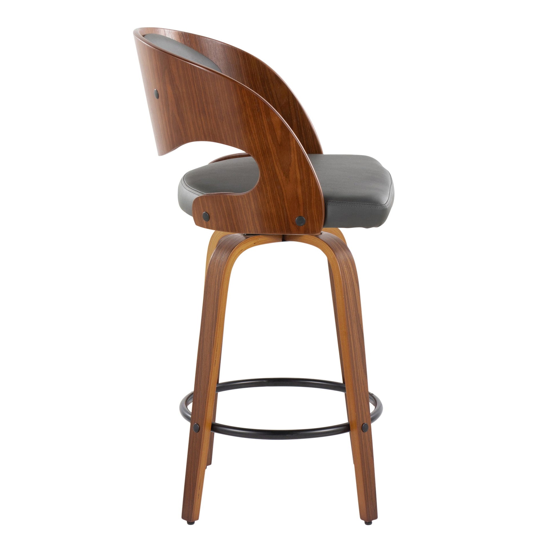 The Pino Mid Century Modern Fixed Height Barstool (set of 2) features a curved wooden backrest, black cushioned seat, wooden legs, and a circular black metal footrest. Shown in side view with swivel function for versatile seating.