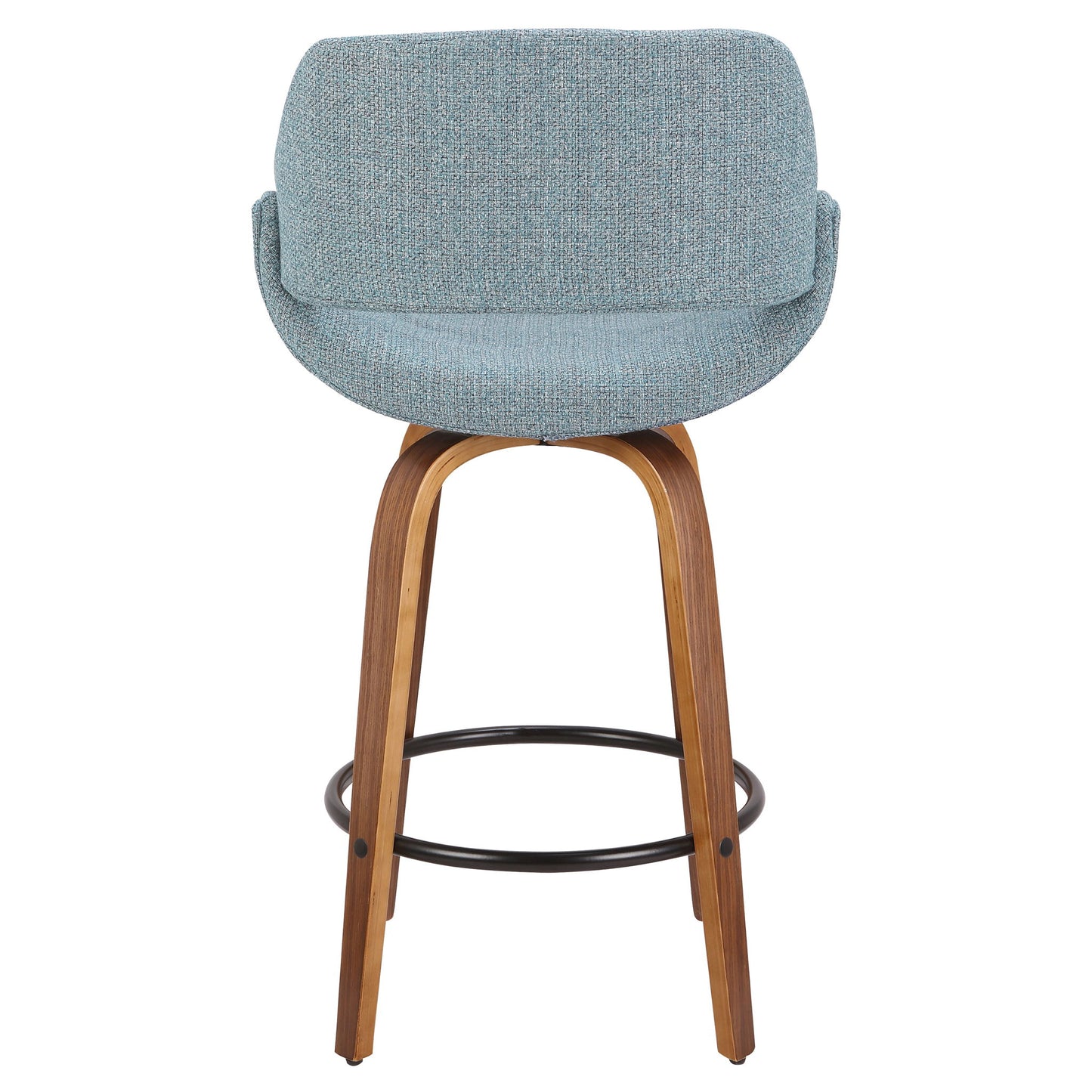 The Fabrico - Mid Century Inviting Design Modern Counter Stool features a curved light blue upholstered backrest, wooden legs, and a circular black metal footrest in a contemporary style. The stool is shown from the back.