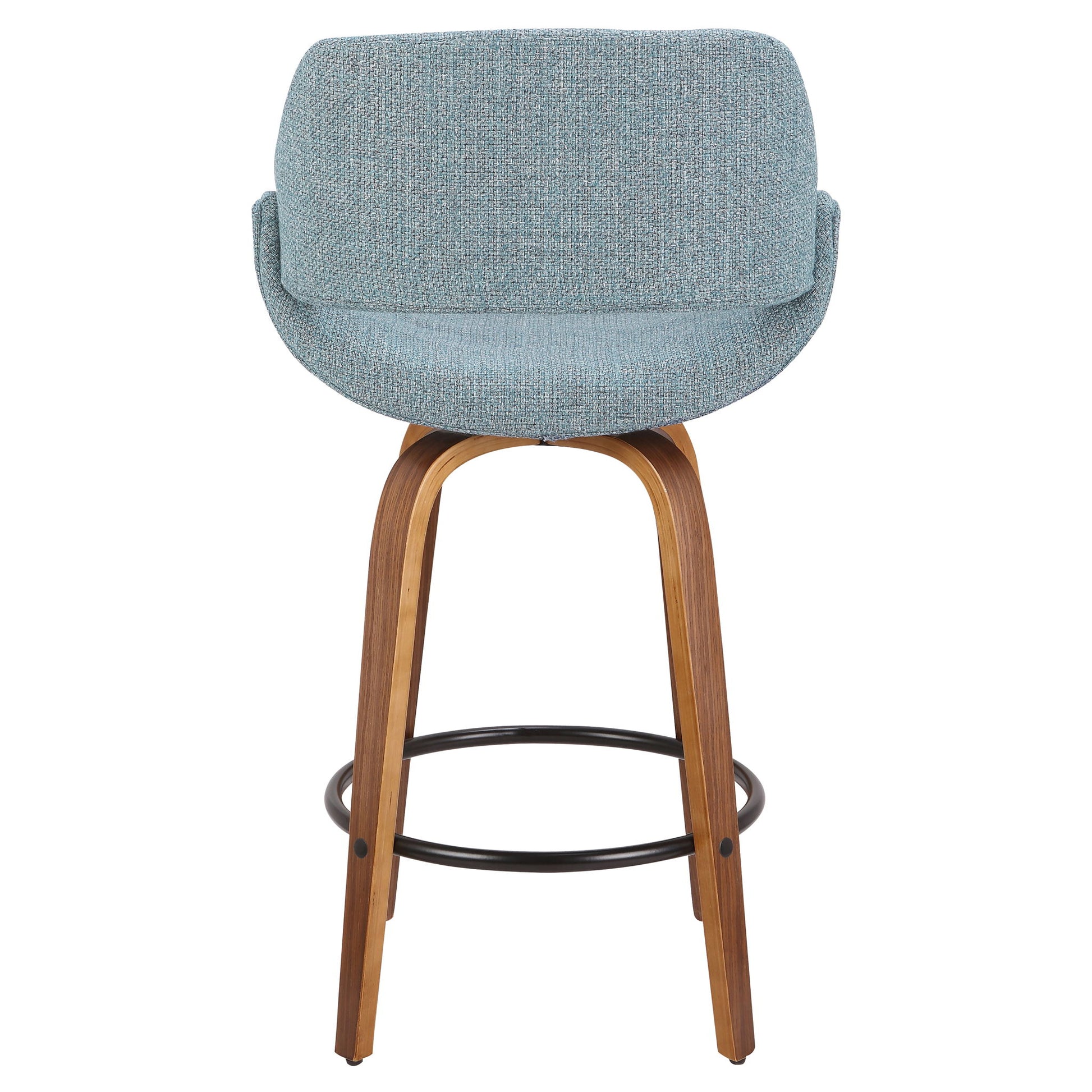 The Fabrico - Mid Century Inviting Design Modern Counter Stool features a curved light blue upholstered backrest, wooden legs, and a circular black metal footrest in a contemporary style. The stool is shown from the back.