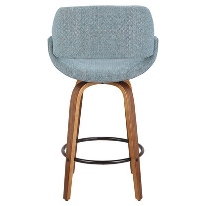 The Fabrico - Mid Century Inviting Design Modern Counter Stool features a curved light blue upholstered backrest, wooden legs, and a circular black metal footrest in a contemporary style. The stool is shown from the back.