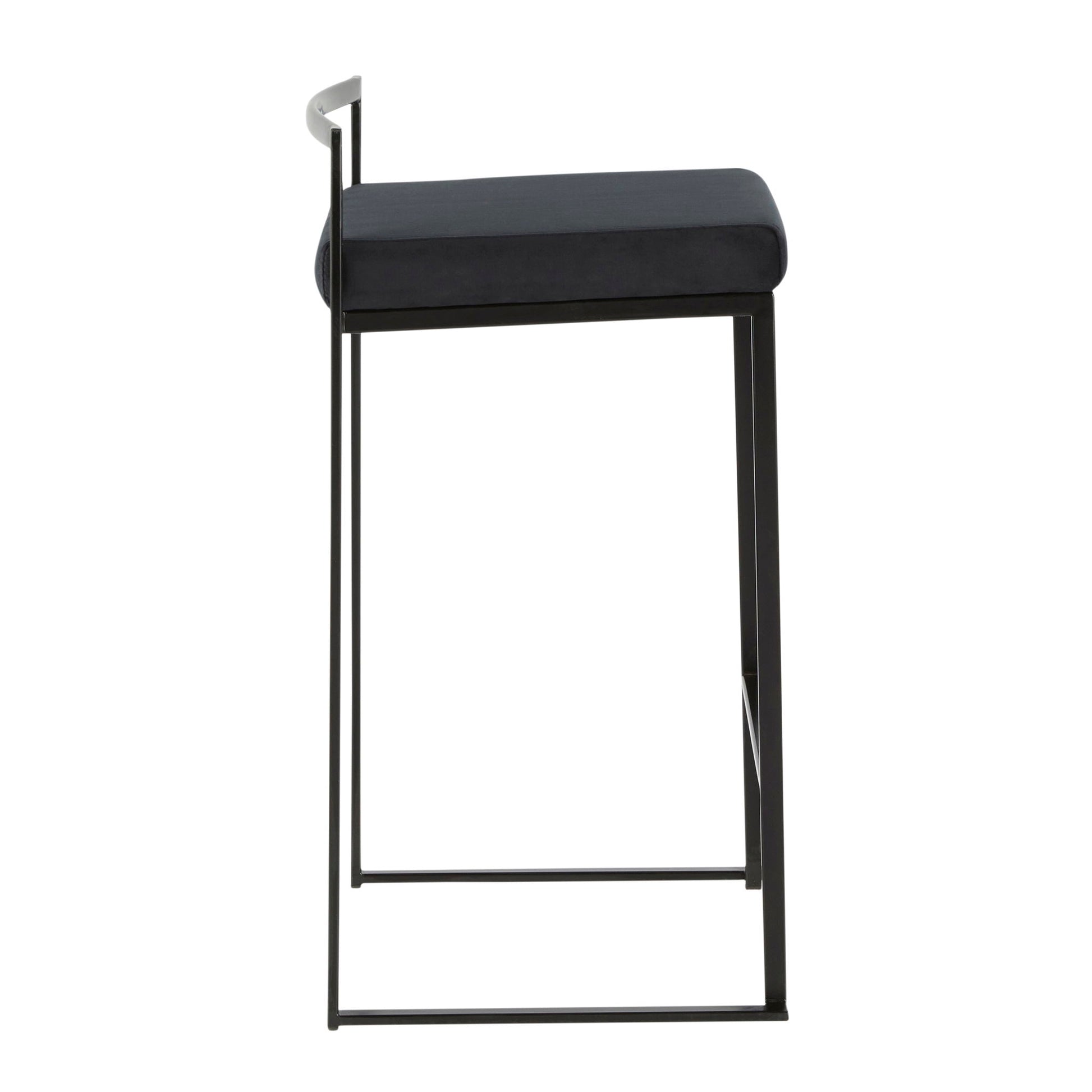 Side view of the Fuji Contemporary Style Stackable Counter Stool featuring a modern black finish, thin metal frame, square padded seat, and a low, minimalist backrest.