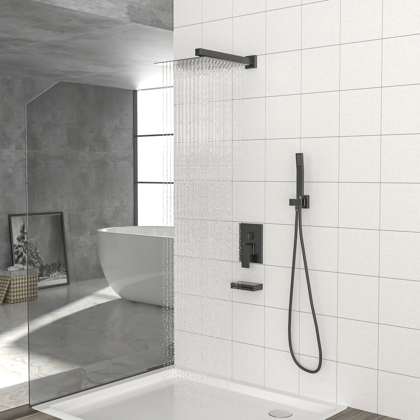 Wall Mounted Square Shower System With Waterfall Tub Spout And Rough In Valve - Matte Black