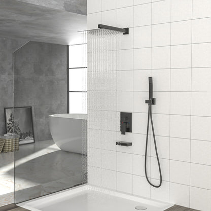 Wall Mounted Square Shower System With Waterfall Tub Spout And Rough In Valve - Matte Black
