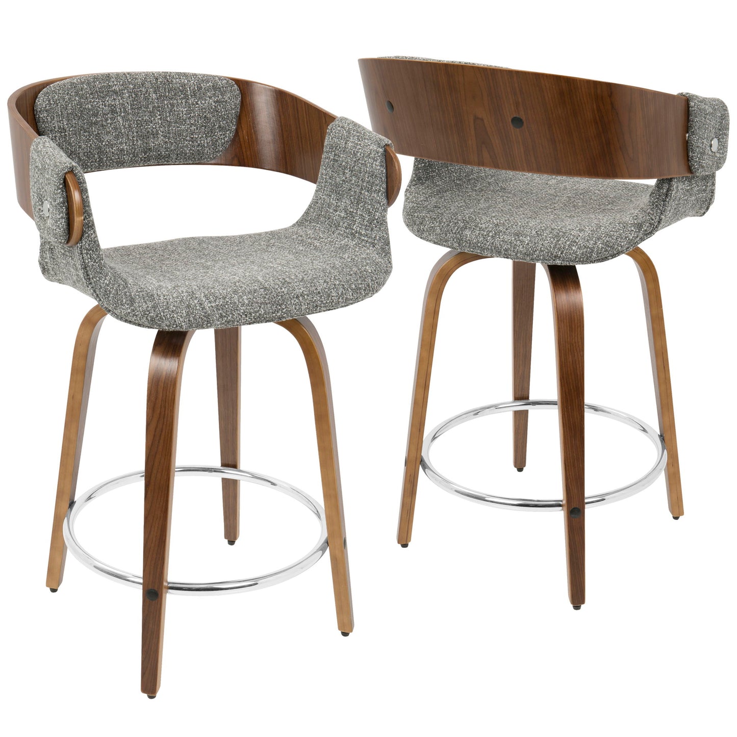 The Elisa - Mid Century Modern Counter Stool (Set of 2) features gray upholstered seats, curved wooden backs with armrests, and chrome footrests. One stool faces forward, the other turned to showcase the elegant backrest design.