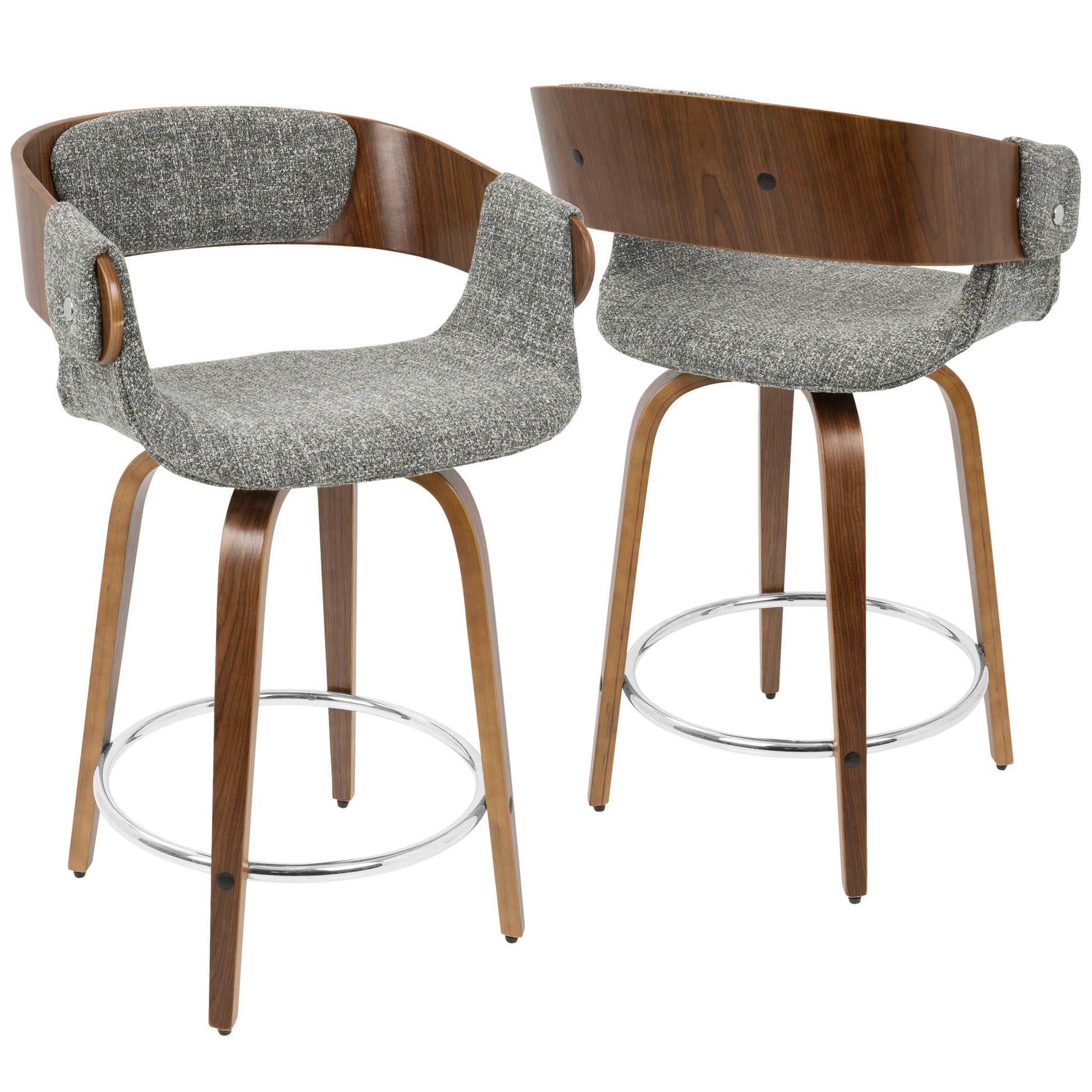 The Elisa - Mid Century Modern Counter Stool (Set of 2) features gray upholstered seats, curved wooden backs with armrests, and chrome footrests. One stool faces forward, the other turned to showcase the elegant backrest design.