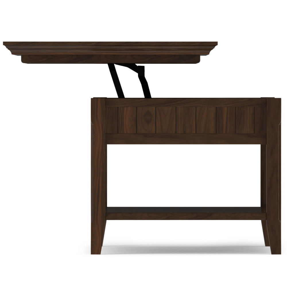 The Acadian Lift Top Coffee Table in brown features clean lines, a rectangular shape, short legs, and a lift-top mechanism that reveals hidden storage space inside.