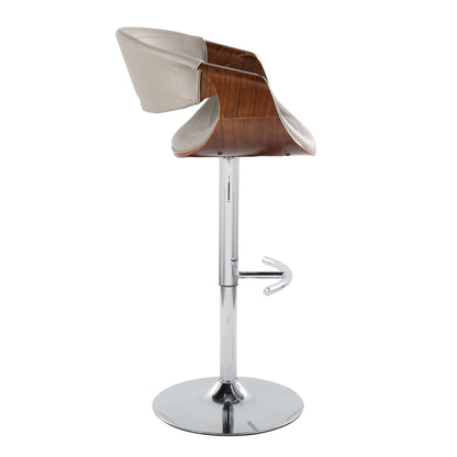 The Symphony Mid Century Modern Adjustable Barstool Set of 2 features a curved wooden backrest, beige padded seat and back, chrome base, and rounded T footrest, shown in a side view.