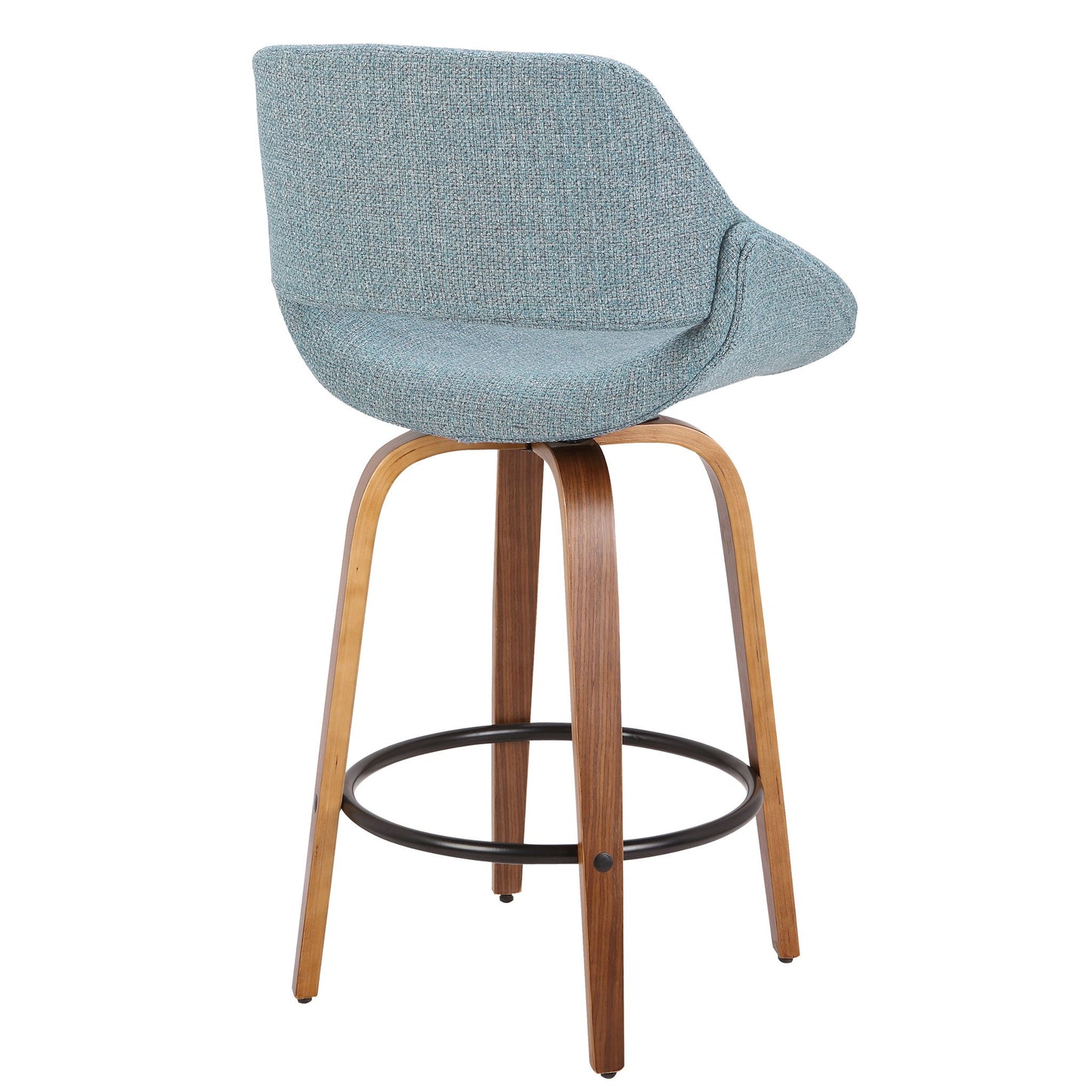 The Fabrico - Mid Century Inviting Design Modern Counter Stool features a light blue upholstered seat and backrest, curved wooden legs, and a black circular metal footrest, shown from the back.
